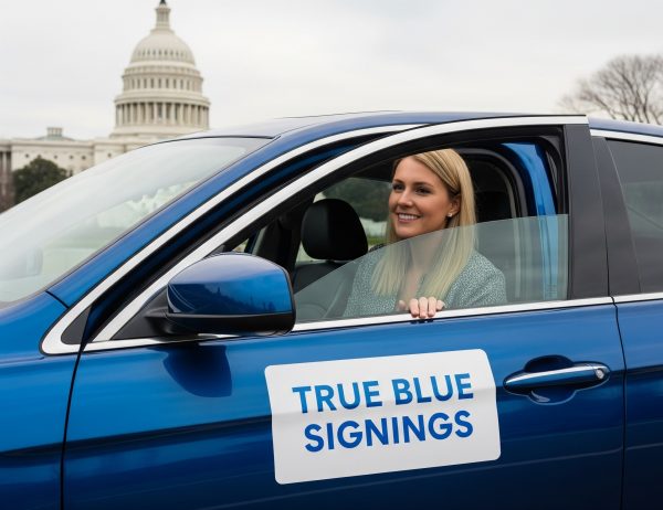 A Mobile Notary at the Capitol Building in a Blue Vehicle With a Magnet on it That Says "True Blue Signings"